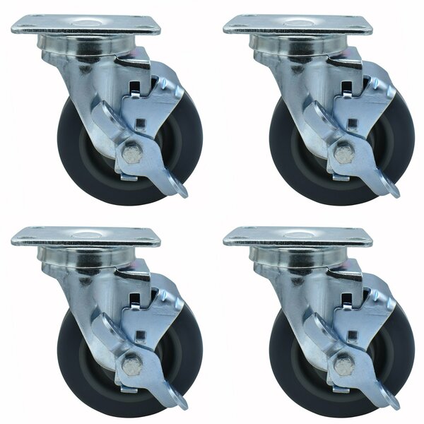 Bk Resources 4-inch Plate Casters, Gray Rubber Wheels, Top Lock Brake, 250lb Capacity, 4PK 4SBR-1PT-GR-PS4